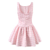 Purpdrank  Sexy Pink Gingham Plaid Low Waist Mini Tank Dress Women Open Buttons Neck Backless Ruched Hem Swing Sleeveless Dresses Vestidos