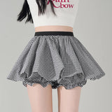 Purpdrank  Kawai Plaid Pleated Flower Bud Skirt Women Summer High Waist Slim Fit Mini Skirt Anti-exposure A Word Ultra  Puffy Shorts Faldas