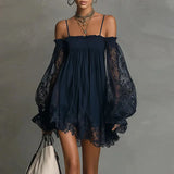 Purpdrank  Bohemian Solid Lace Trim Off Shoulder Party Dresses Woman Long Puff Sleeve Flowy Mini Dress Spring Summer Backless Holiday Dress