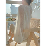 V-neck Summer Cardigan Fashion Knit Top Soft Loose Women Coat 2024 Elegant Long Sleeve Women's Sweater Korean Popular Clothes