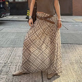 Purpdrank  Women's Summer Spring Half Skirt Plaid Mesh Low Waist Color Blocking See-through Thin Retro Simple Loose Casual Design Fashion