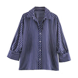 Purpdrank   Spring New Versatile Casual Simple Seven-quarter Sleeve Striped Shirt