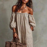 Purpdrank  Bohemian Off Shoulder Puff Sleeve Long Dresses Woman Spring Striped Print Loose Maxi Dress Summer Hollow Pocket Beach Dress