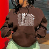 Purpdrank  Women's Fleece-Lined Hooded Sweater Autumn Winter European American Fashion Printed Back Bag Collar Style