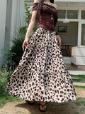 Purpdrank  Korean Leopard Print Pleated Long Skirt Women Elegant Holiday Fairycore Skirts Female High Quality A Line Party Faldas New
