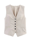 Purpdrank  Women Fashion V Neck Sleeveless Linen Style Vest Jacket Office Lady Single Breasted Casual Slim WaistCoat Tops CT9366