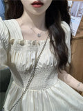 Purpdrank  French Style Square Neck Women Summer New Waist-hugging Slimming Mid-length Short-sleeved Dress