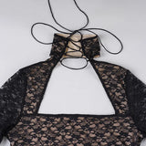 Purpdrank  Elegant Fashion Sexy Lace A-Line Dress See Through Dark Bandage Backless Square Collar Long Sleeve Mini Dresses For Women