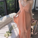 Purpdrank  Sweet V-Neck Pink Dress Women Spaghetti Straps Sleeveless Chiffon Pleated Casual Beach Dress Sexy Slim Long Dress