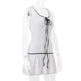 Purpdrank  y2k Dress Women Summer Lace Patchwork Sleeveless Tie-up Front Ruffle Pleated Mini Dress 2000s Evening Party Dresses