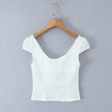 Purpdrank  White Embroidery Hollow Out Dot Short Sleeve Tank Women Open Through Buttons Pleated Front Slim fit Tank Top Crop Tops