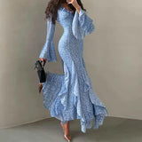 Purpdrank   Elegant V Neck Flared Sleeves Mermaid Long Dress Lady Fashion Slim Fit Wrap Hip Dresses Ruffle Edge Design Spring Holiday Dress