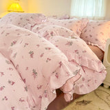 Purpdrank  Pink Tulip Duvet Cover Set Ins Korean Style with Flat Sheet Pillowcase No filler Washed Cotton Queen Full Twin Home Bed Linen