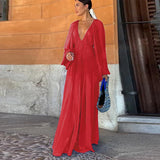 Purpdrank  Elegant Long Dress Women Loose Chiffon V Neck Long Sleeves High Waist Vestidos Female 2025 Spring Summer Solid Evening Dresses