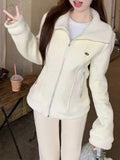 Purpdrank  American Style Retro Solid Polar Fleece Sweet Warm Jacket Women Slim Waist Y2k High Neck Coat New Fashion Casual Winter Clothing