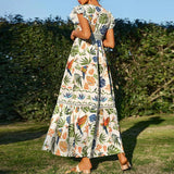 Purpdrank  Tropical Floral Print Season Long Dress Women Sexy V-neck Ruffle Sleeve Holiday Dress Elegant Hight Waist Pleated Party Dresses