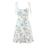 Purpdrank  Summer Holiday White Floral Print Bow Lacing Up Strap Sling Dress Women Elastic Back Ruffles Hem Short Dresses Vestidos Robe