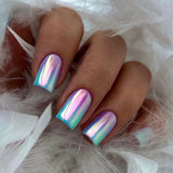 Purpdrank  24pcs Cat Eye Chrome Press on Nails Short Almond Acrylic Fake Nails with Colorful Design Full Cover Aurora Glitter False Nails