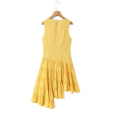 Purpdrank  Fashion Yellow Spliced Irregular Ruffles Hem Sleeveless Dress Women O neck Side Waist Midi Long Dresses Femme Vestidos Robe