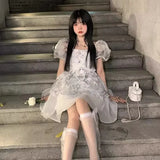 Purpdrank  Princess Style Floral Print Puffy Sleeve Short Dress Women's Summer Tea Break Waist Cinched Bubble Skirt City Walk Dress