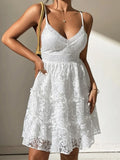 Purpdrank  White Lace Mini Dress Women Summer Sexy V Neck Sleeveless Backless Dress Ladies Elegant Fashion Floral Embroidered Lace Up Dress