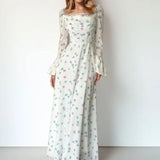 Purpdrank  Elegant Floral Long Dress Women's Summer Fashion High Waist Bell Sleeve Knitted Gown Casual Commute Style Universal Fit