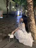 Purpdrank  Princess Style Floral Print Puffy Sleeve Short Dress Women's Summer Tea Break Waist Cinched Bubble Skirt City Walk Dress