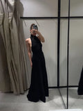 Purpdrank  Women's Evening Dresses Halter Backless Long Dress Autumn Female Velvet Sleeveless Slim Pleat Partywear Chic Ladies Vestido