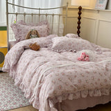 Purpdrank  Double Layer Yarn Pure Cotton French Floral Lace Ruffles Bedding Set Duvet Cover Set Pillowcases With Flat/Fitted Bed Sheet 4Pcs