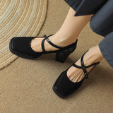 Purpdrank - Mary Jane Shoes 2023 Autumn New Vintage Style Elegant High Heels Square Head Shallow Mouth Cross Buckle Shoes Women