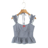 Purpdrank  Tie Bow Halter Plaid Spliced Lace Wood ears Strap Sexy Corset Women Tank Top Slim Waist Elastic Back Crop Top