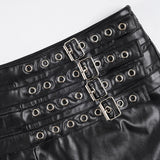 Purpdrank  Dark Pu Leather Shorts Gothic Multi-Strap Buckle Eyelet Detail Low-Waisted Shorts Punk Style Streetwear Party Bottoms Women