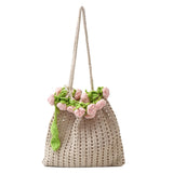 Purpdrank  Rose Crochet Handbag Spring Cute Knitted Shoulder Bag Romantic Designer Floral Hollowed Out Ladies Shoulder Bag Armpit Bag