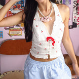 Purpdrank  Sexy White Red Fruit Tie Bow Halter V neck Open Buttons Slim Tank Top Women Spliced Lace Hem Sleeveless Backless Tee Summer Vest