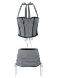 Purpdrank  Trendy Teenage Girl's Bodysuit with Waist-Cinching Strap Fibone a Top with Dstring A-Line  Skirt Faion Set