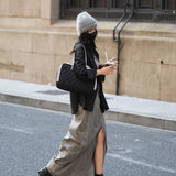 Purpdrank  Grey Split Denim Skirt Female 2025 Spring High Waist Slim Casual Fashion Women's Long Skirt