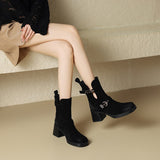 Purpdrank - 2023 Autumn Winter New Women Ankle Boots Thick High Heels Cow Suede Genuine Leather Shoes Woman Side Office Lady Retro Boots