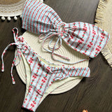 Purpdrank  Floral Patchwork Bikini Set Tie Front Up Strapless Bra + Bandage Thong Women 2 Piece Swimsuit Beach Vacation Brazilian Swimwear