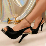 Purpdrank  Women's Satin Bow Slingback 11cm High Heel Sandals Peep Toe Metallic Platform Stiletto Party Heels Black Champagne