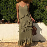 Purpdrank  Fashion Off-The-Shoulder V-Neck Long Dress Women's Summer Cascading Ruffles Sexy Backless Sleeveless Slit Slit Long Dress