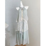 Purpdrank  Summer New Vintage Sleeveless Neck Floral Long Dress Women's Elegant Ruffles Lace Dress Korean Fashion Fairy Holiday Party Dress