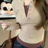 Purpdrank  American Fake Two-piece Contrasting Color Long-sleeved New Autumn Winter Slimming Short Hot Girl Bottoming Top