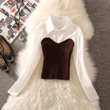 Purpdrank  Spring New Lapel Knitshirt Women's Design Sensibility Niche Waist-Fitted Slimming Two-Piece Illusion Long Sleeve Top