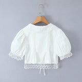 Purpdrank  Stylish White Spliced Lace Short Puff Sleeve Shirt Women Peter Pan Collar Bow Hem Loose Crop Tops