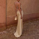 Purpdrank   Fashion Slim Fit Long Dresses Women Clothing Solid Color Backless Hollow Cocktail Dress Summer Sleeveless Satin Bridesmaid Dress