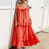 Purpdrank  Beach Dresses y2k Women Solid Color Spaghetti Strap Sleeveless Swing Tiered Ruffled Long Dress Vacation Party Dresses