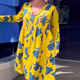 Purpdrank  Autumn Elegant V-neck Button Midi Dress Women's Fashion Pattern Printed Loose A-Line Dress Casual Long Sleeve Holiday Dress