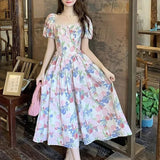 Purpdrank  Elegant Sweet Forest System Rural Style Slimming Floral Long Dress Retro Oil Painting Dress Women Summer A-Line Skirt Short