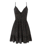 Purpdrank  Sexy Black Floral Chiffon Sling Dress Women Front Open Buttons V neck Ruffles Hem Short Dresses Femme Mini Vestidos Robe