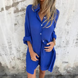 Purpdrank  Women's Casual Solid Color Cotton and Linen Shorts Long Sleeve Wrinkle Shirt Two-piece Set